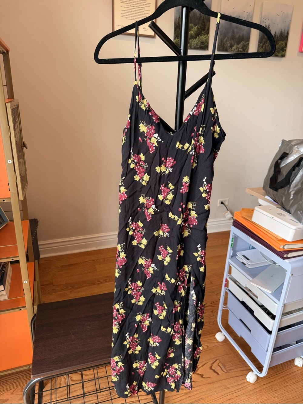 Reformation V-Neck Black Slip Dress with Grape Print